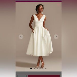 David's Bridal Ivory Tea-Length V-Neck Satin Wedding Dress